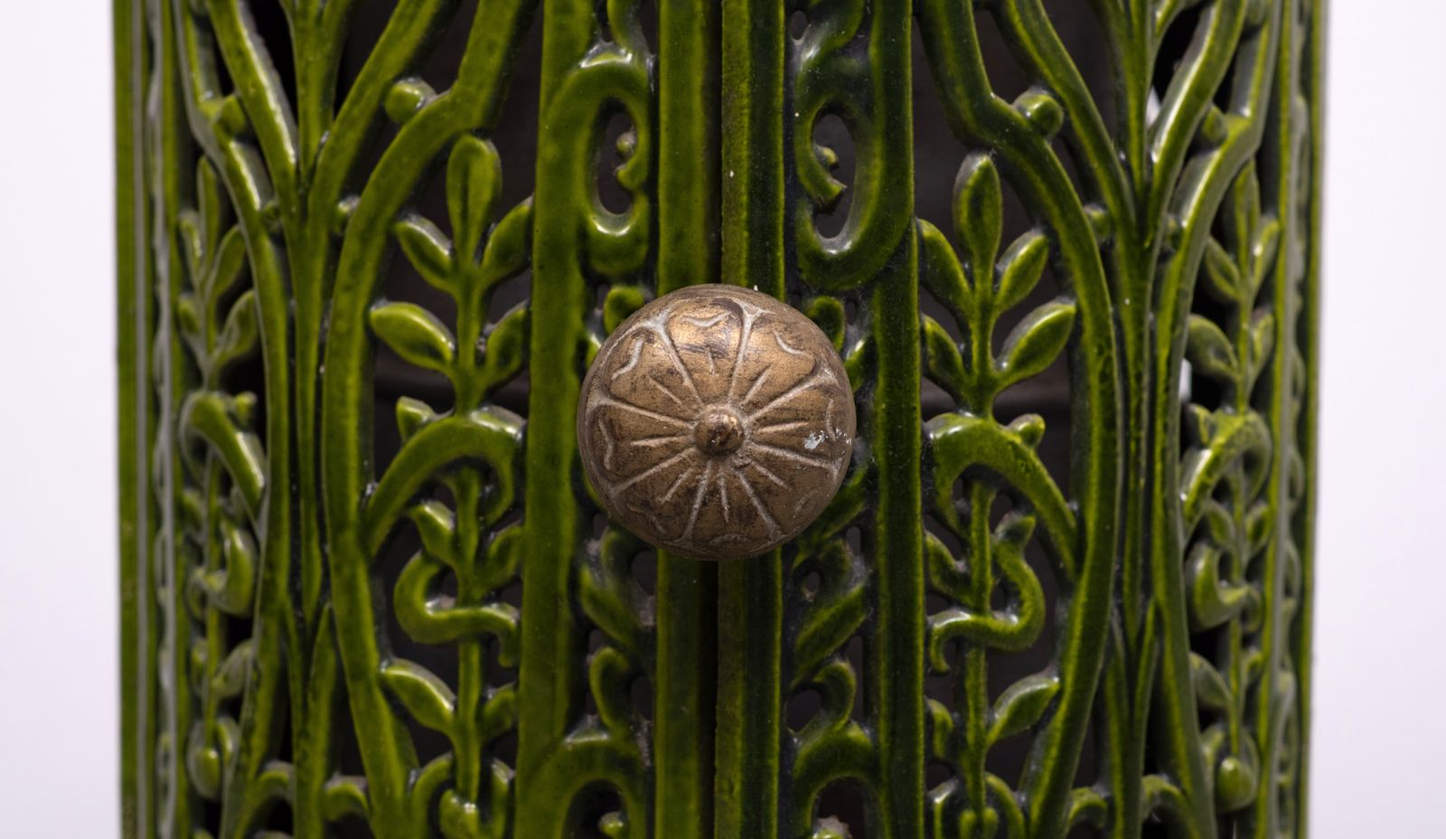 photo for sale 19th Century French Green Enameled Cast Iron Heater Stove