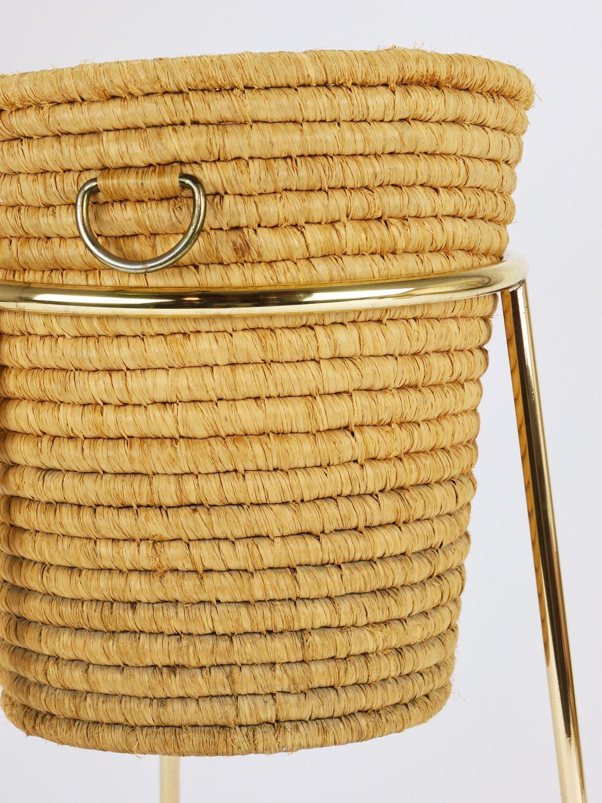 Carl Auböck II Raffia Brass Wastepaper Basket, Paper Bin, Umbrella Stand, 1950s photo vinterior