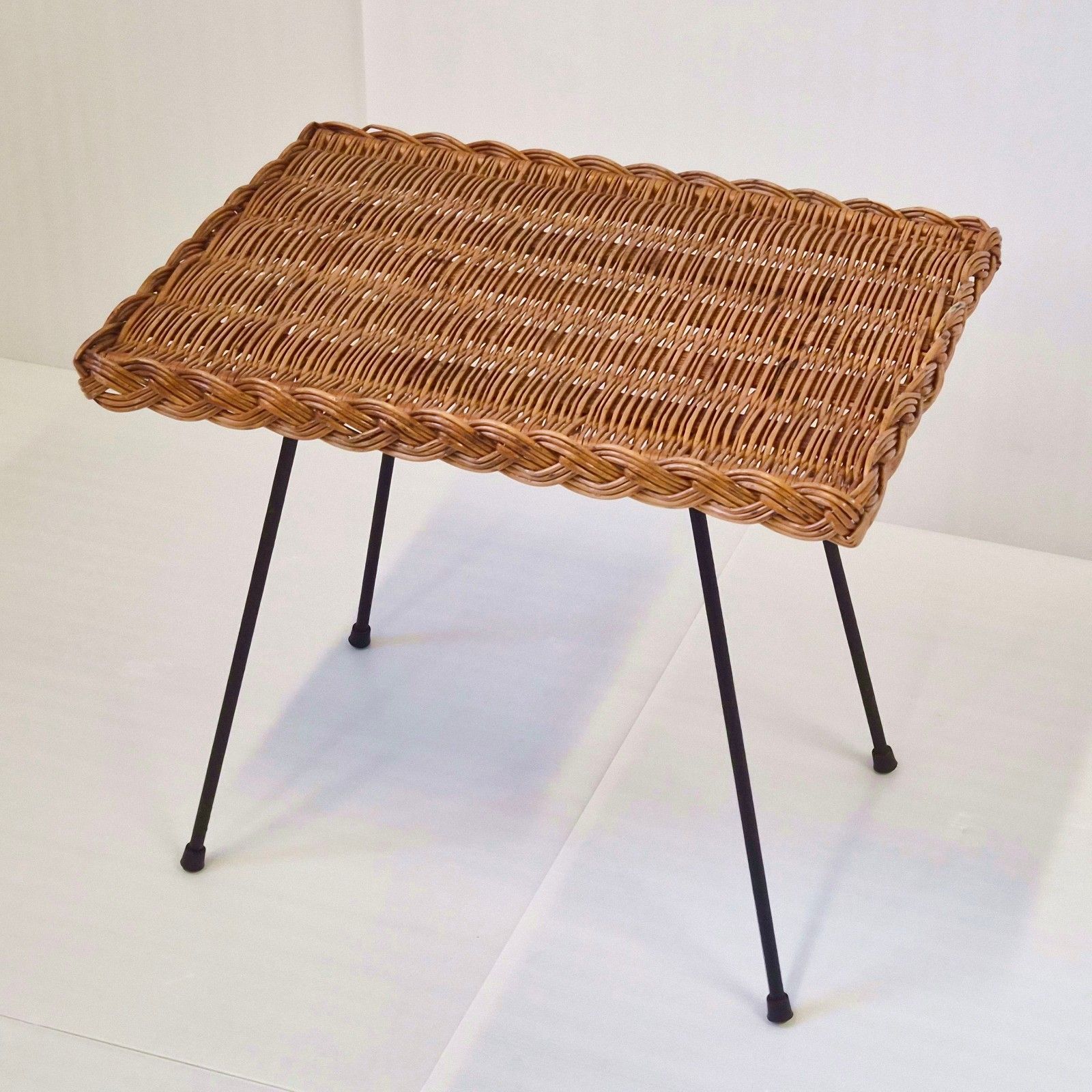Vintage 1950s Rattan & Metal Black Lacquer Side Coffee Table 50s 1950s