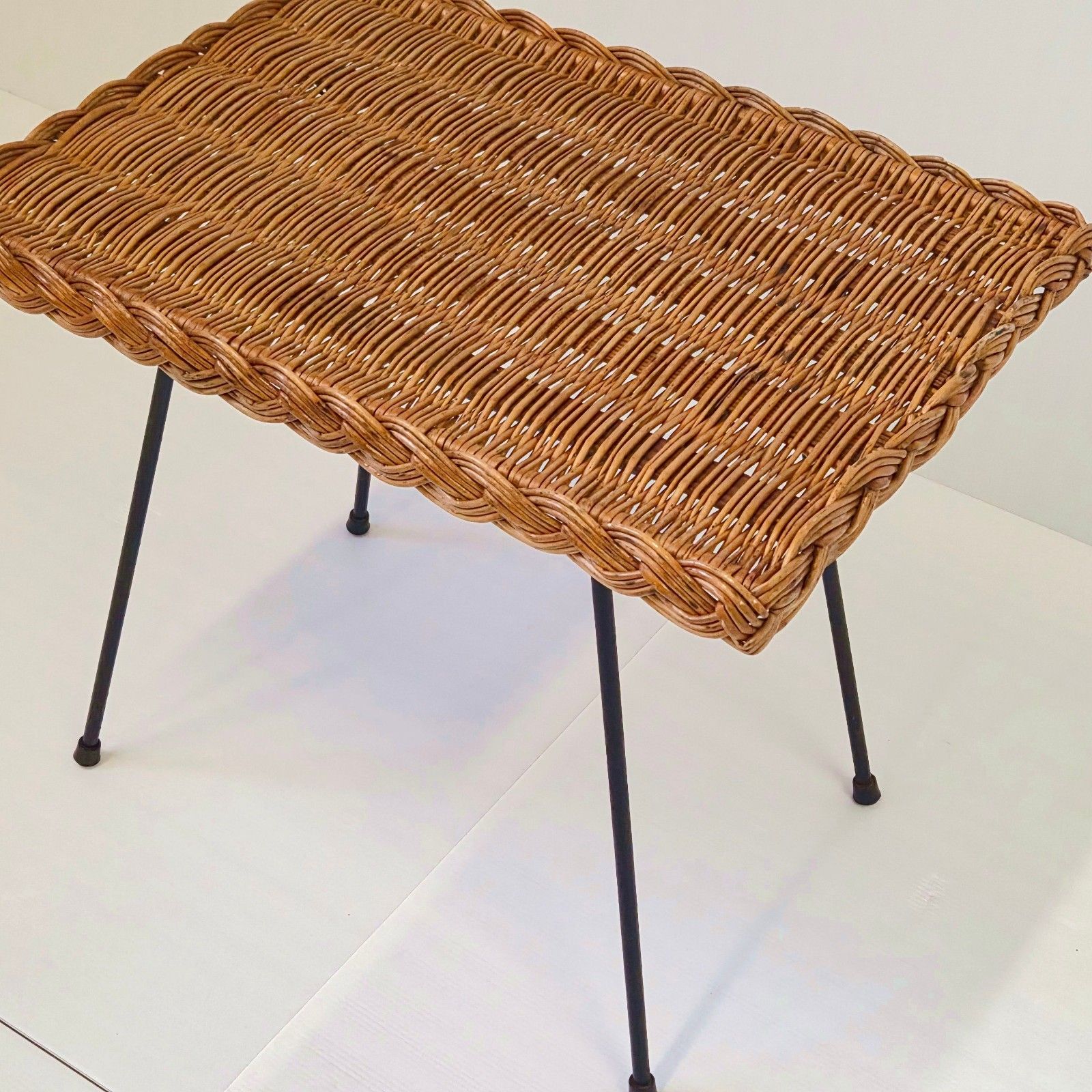 Vintage 1950s Rattan & Metal Black Lacquer Side Coffee Table 50s 1950s photo vintage