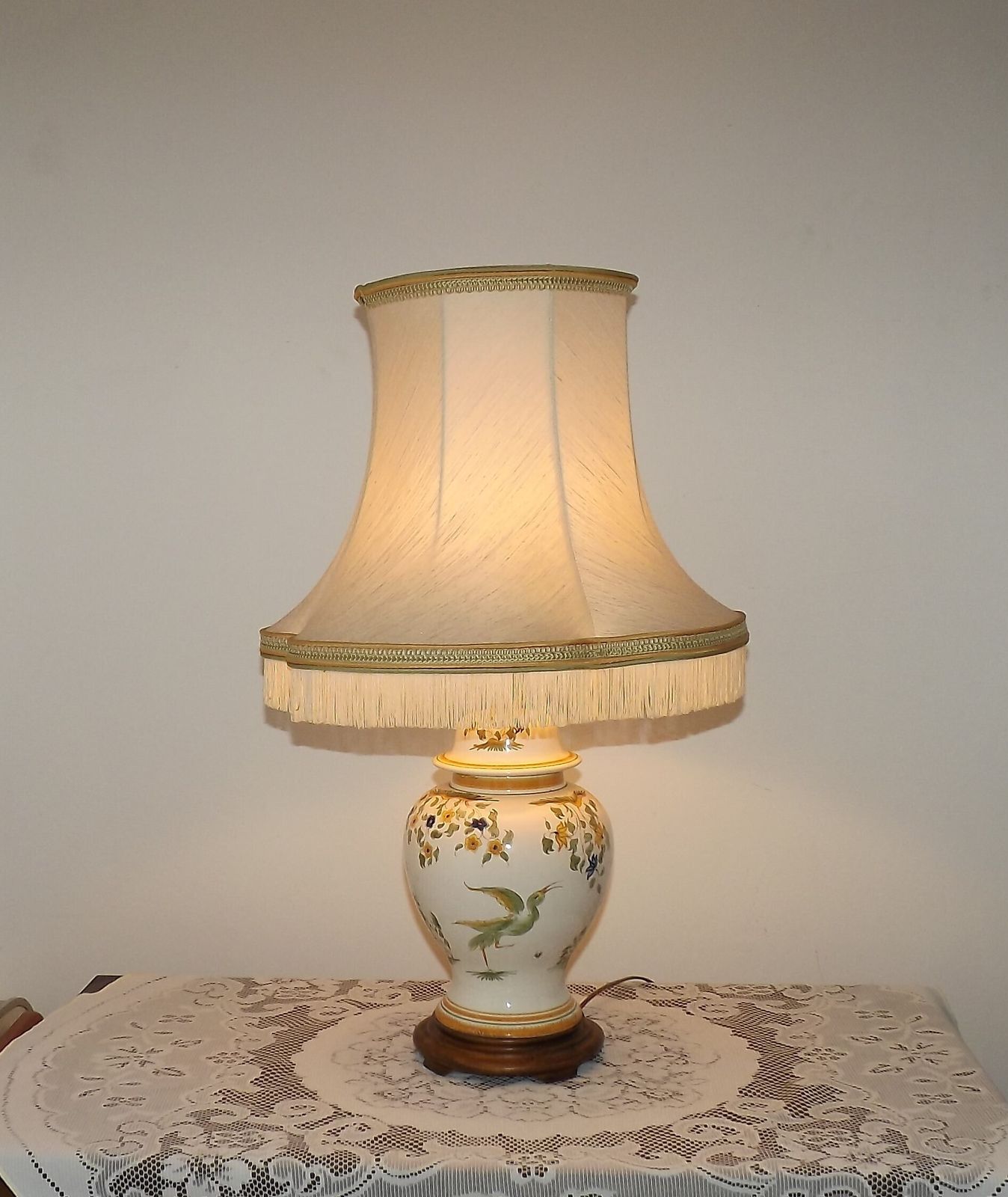 Louis Drimmer Faience Style Table Lamp With Wooden Plinth & Fringed Lined Shade