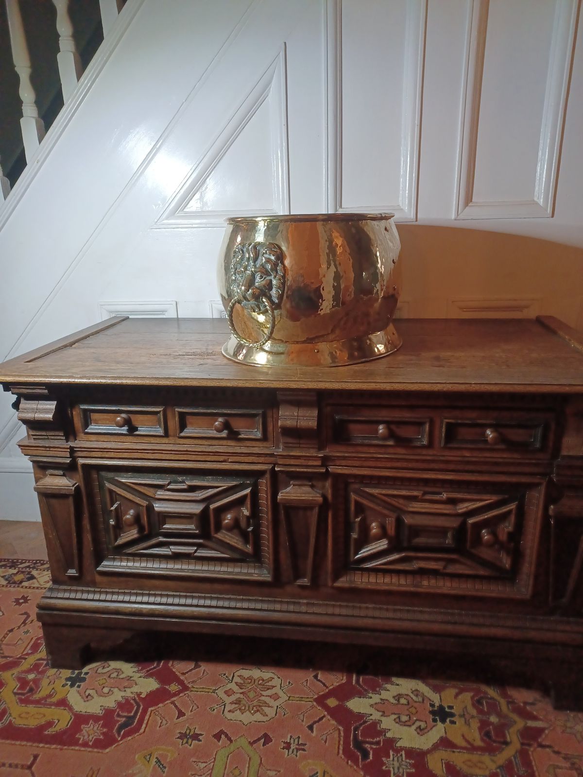 Antique Period Brass & Copper Riveted Wine Cooler / Bucket. Lion Handles