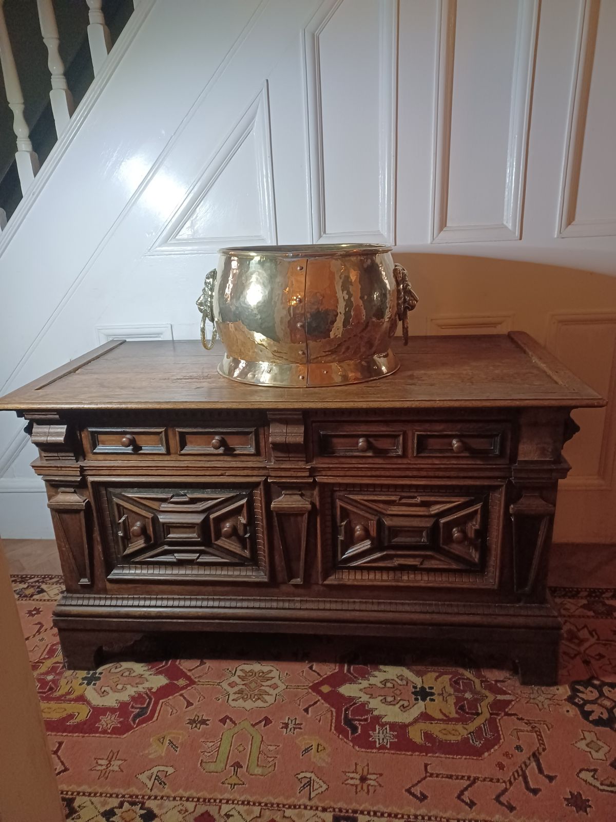 Antique Period Brass & Copper Riveted Wine Cooler / Bucket. Lion Handles photo furniture