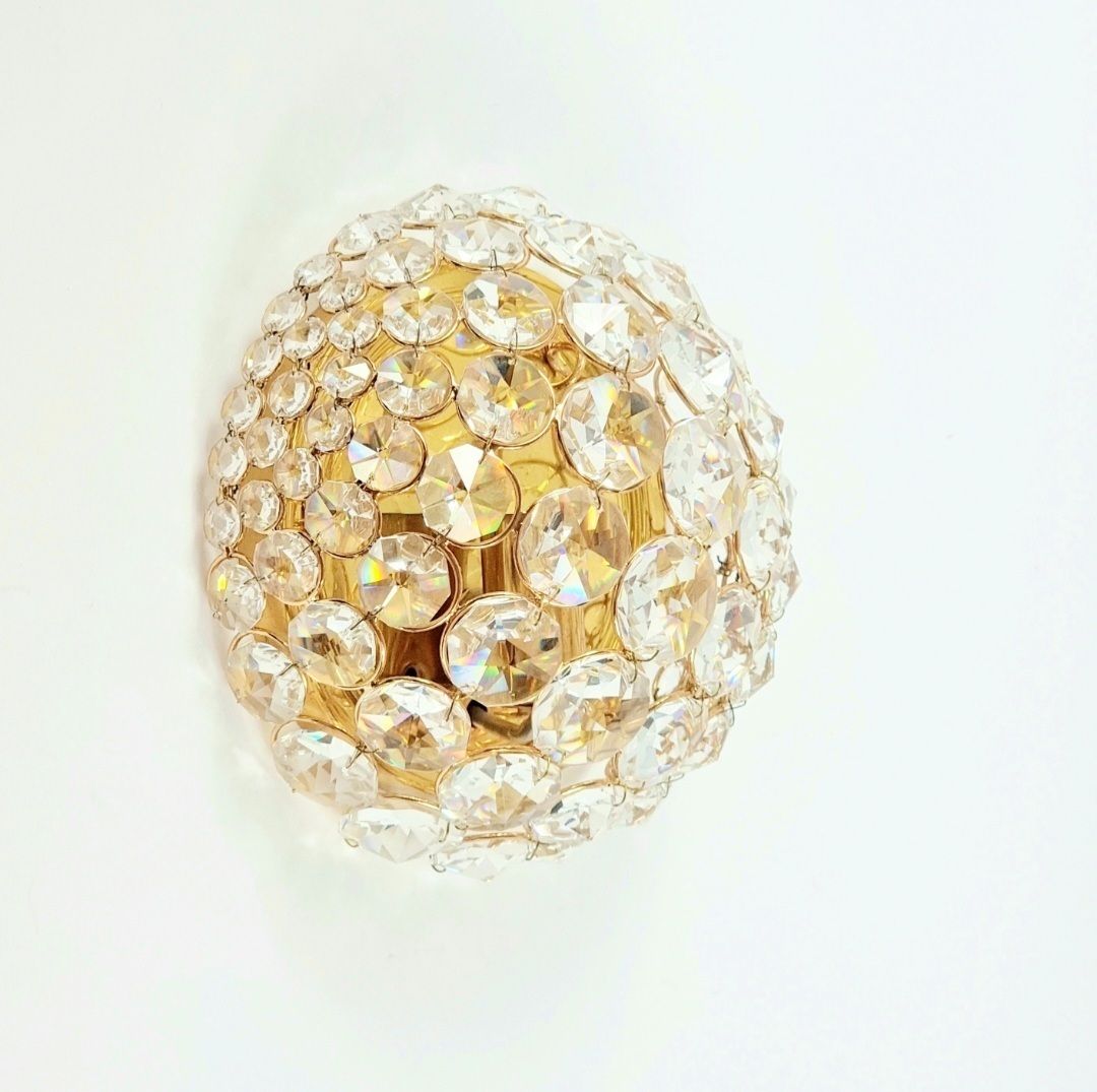 Mid Century Crystal Glass & Gilt Brass Wall Lamp From Palwa, Germany, 1970s photo for sale