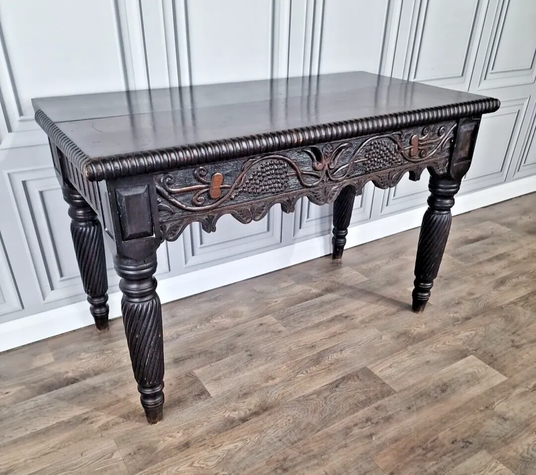 Antique Victorian Table Desk Hand Carved Hall Entry Console Writing Solid Wood