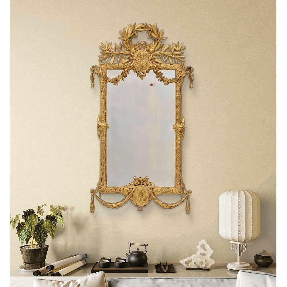 Antique Gold Leaf Wall Mirror Avec Laurel Garland, Carved And Gilded Wood Frame, XIX Century. (Spc193) photo furniture