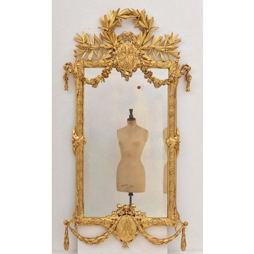 Antique Gold Leaf Wall Mirror Avec Laurel Garland, Carved And Gilded Wood Frame, XIX Century. (Spc193) photo Home Decor