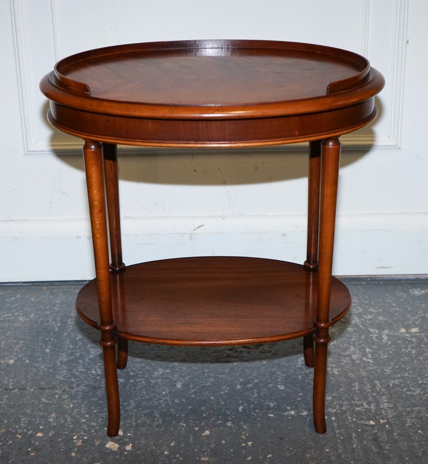 Vintage Pair Of Flamed Mahogany Oval Side End Wine Lamp Table Gallery Rail Top photo vintage