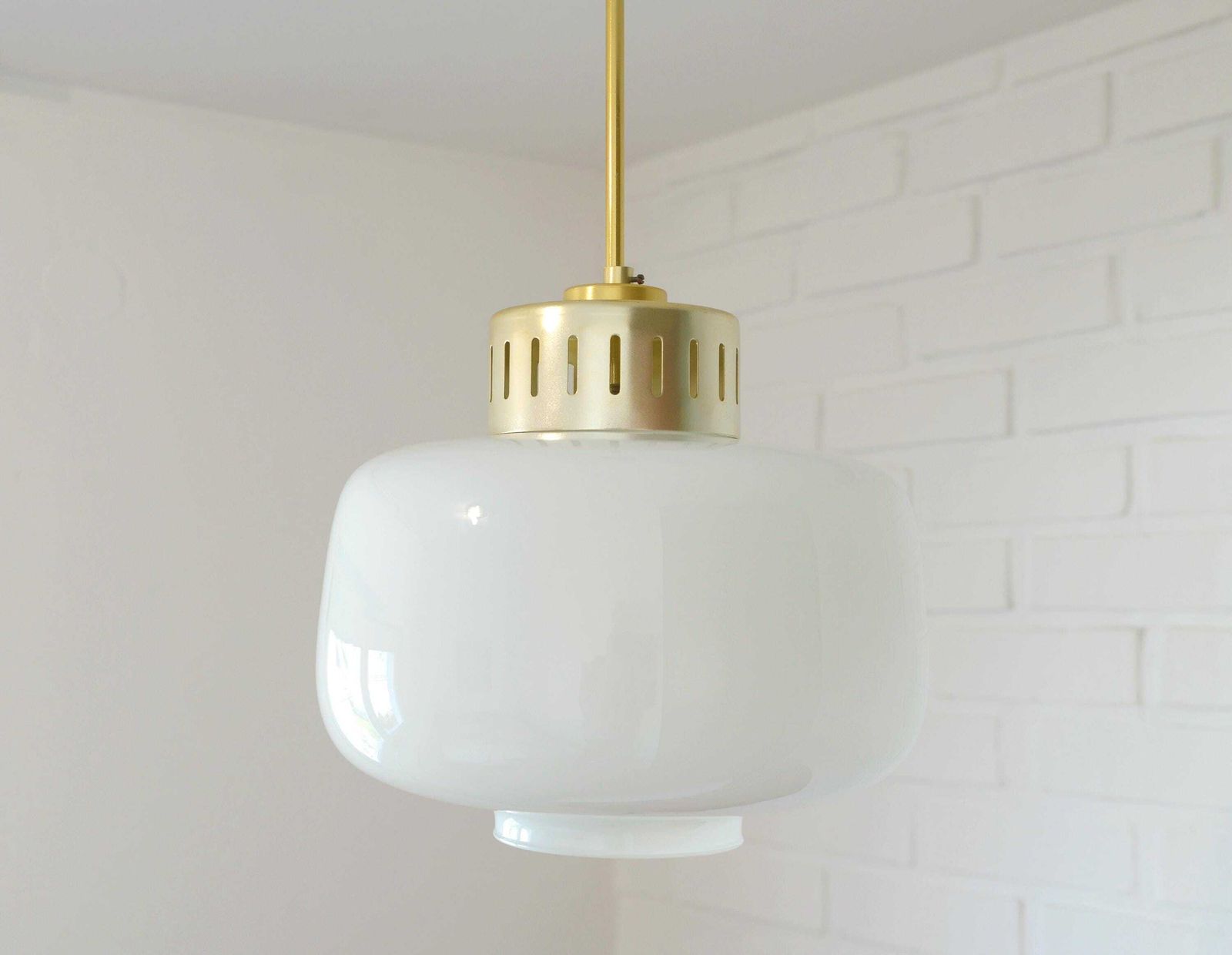 Vintage Scandinavian Pendant Light: White Glass Mid Century Modern Chandelier