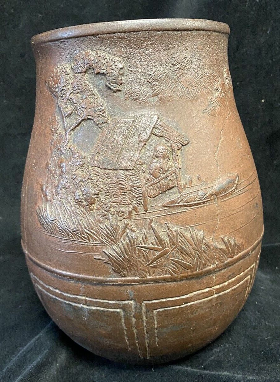 Oriental Finely Cast Vase With Waterscape Bamboo Boat House On Stilts