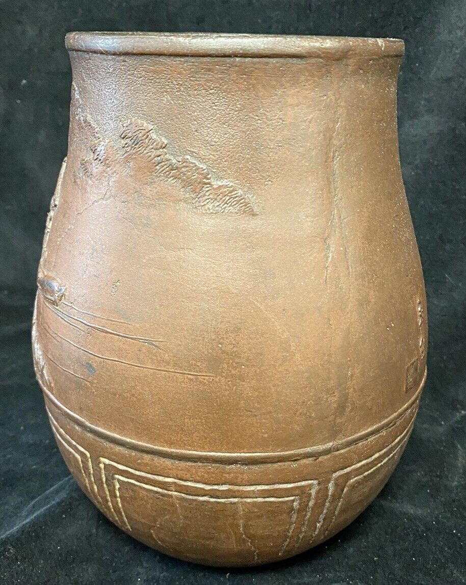 Oriental Finely Cast Vase With Waterscape Bamboo Boat House On Stilts photo 95.0