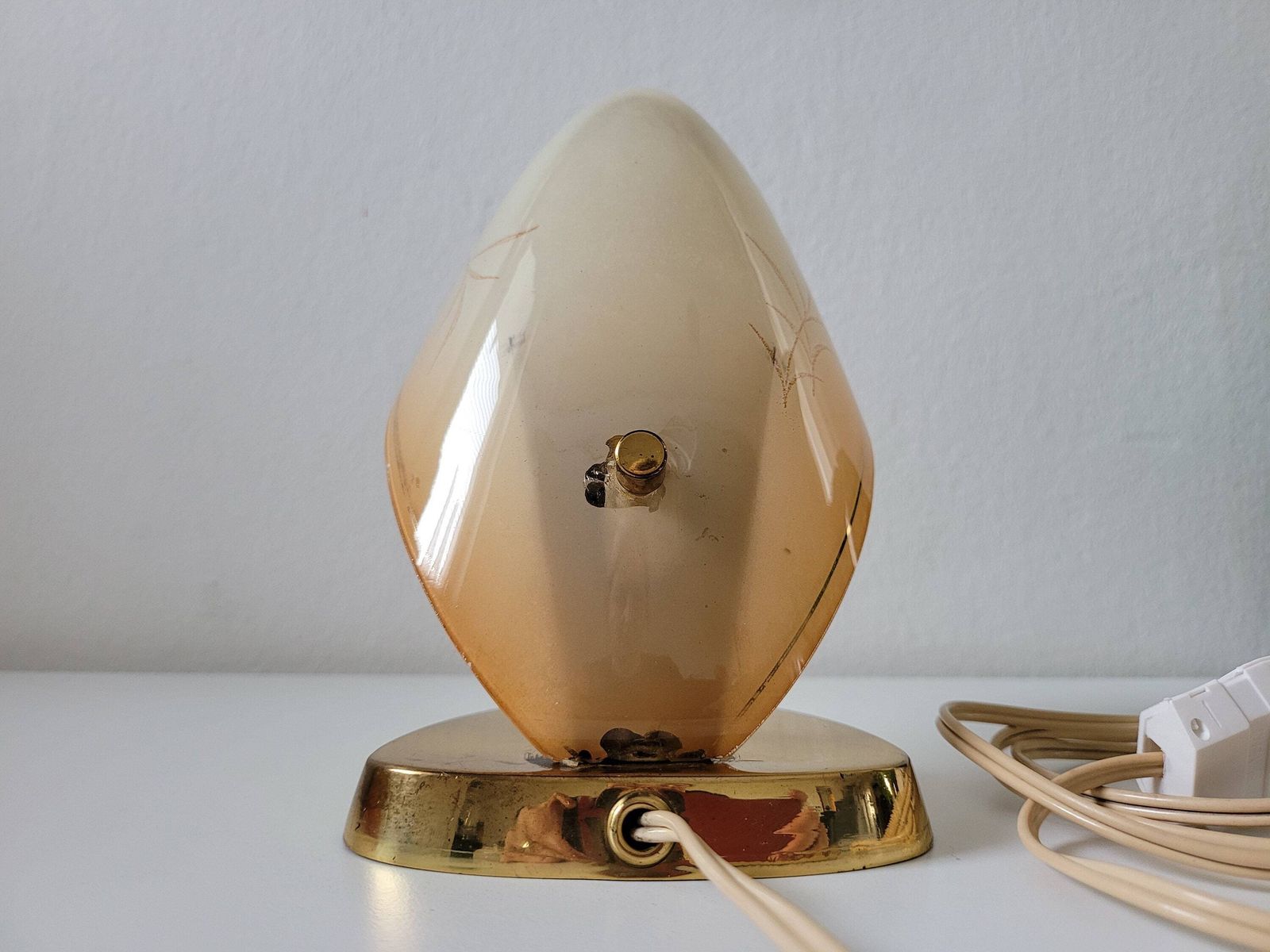 Rupert Nikoll Vintage Table Lamp: Beige Glass, Gold Metal, Mid Century Desk Lamp photo 188.0
