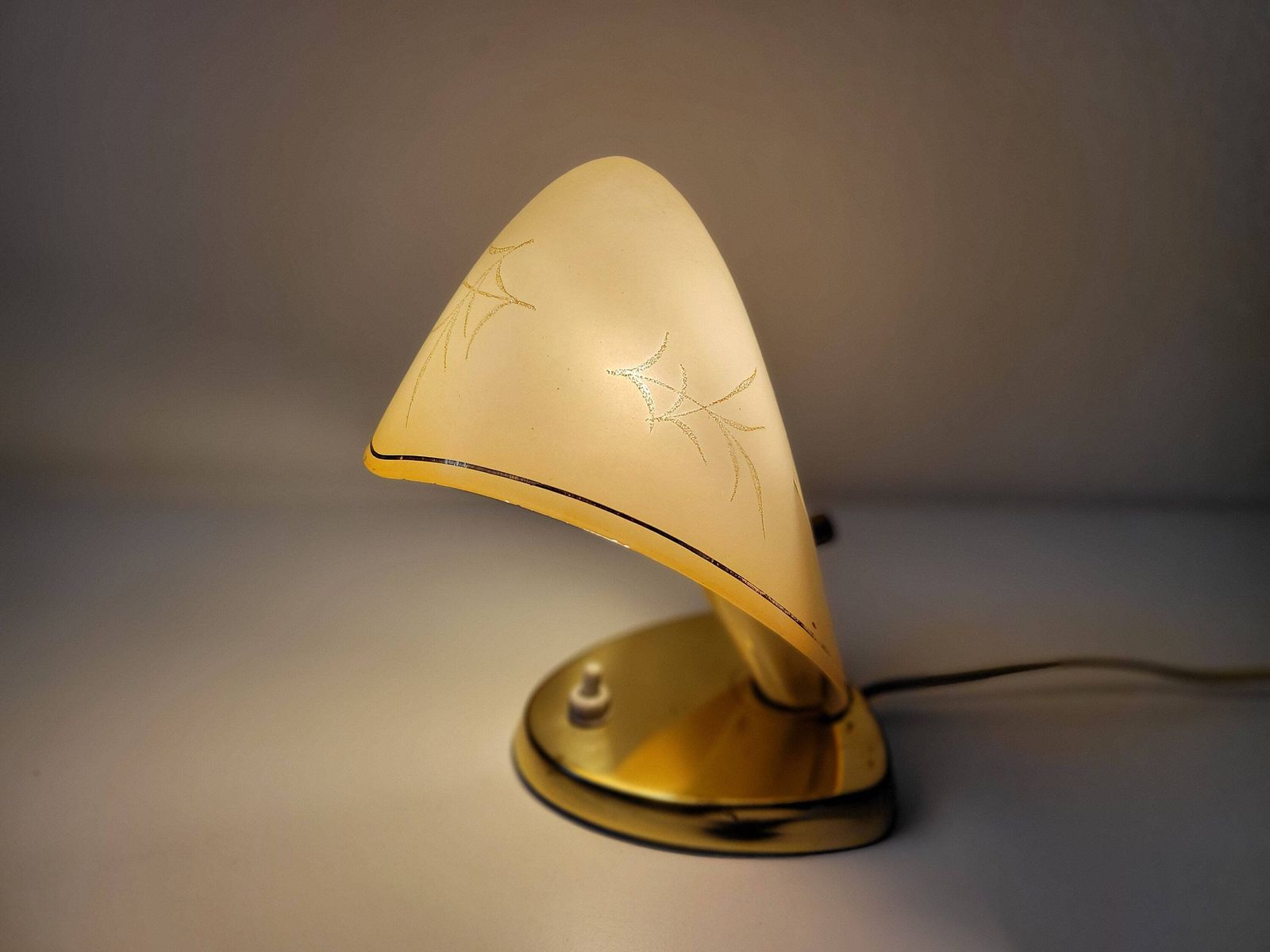photo for sale Rupert Nikoll Vintage Table Lamp: Beige Glass, Gold Metal, Mid Century Desk Lamp