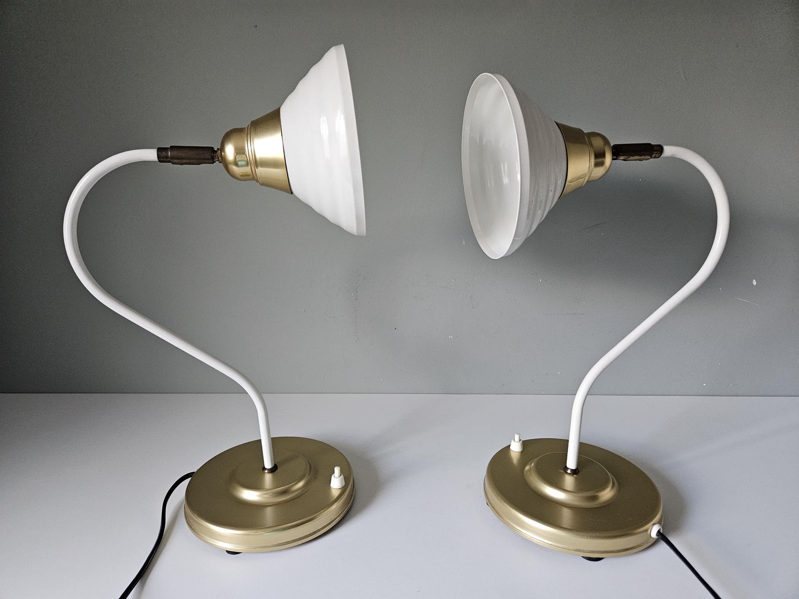 Pair Of Large Vintage Table Lamps – Brass And White Metal Shades photo for sale