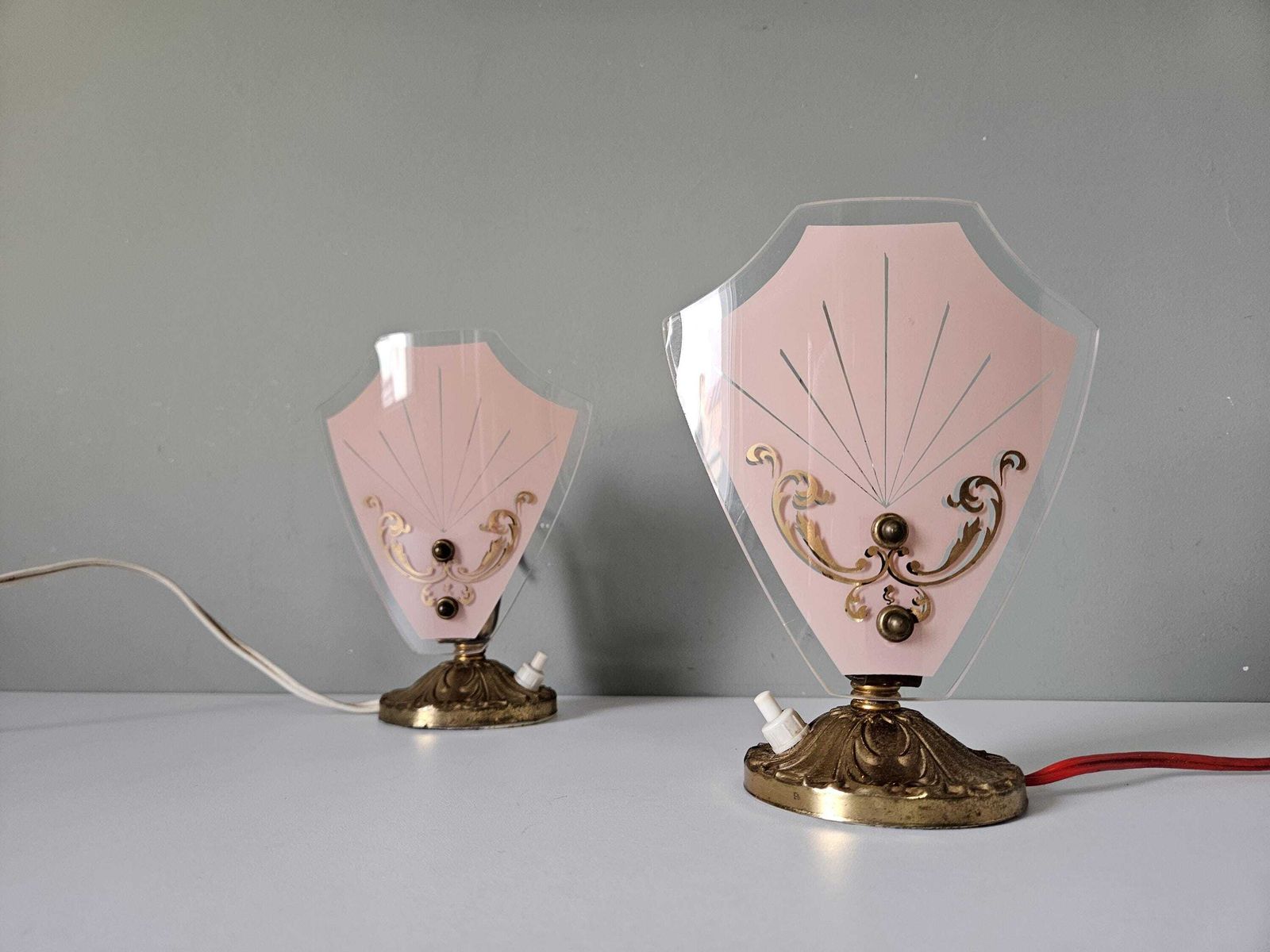 Pair Of Vintage Art Deco Table Lamps | Pink Glass & Brass Base | 1950s Bedside Lights photo for sale