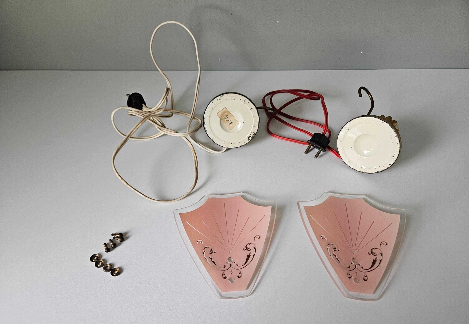 162.0 Pair Of Vintage Art Deco Table Lamps | Pink Glass & Brass Base | 1950s Bedside Lights photo