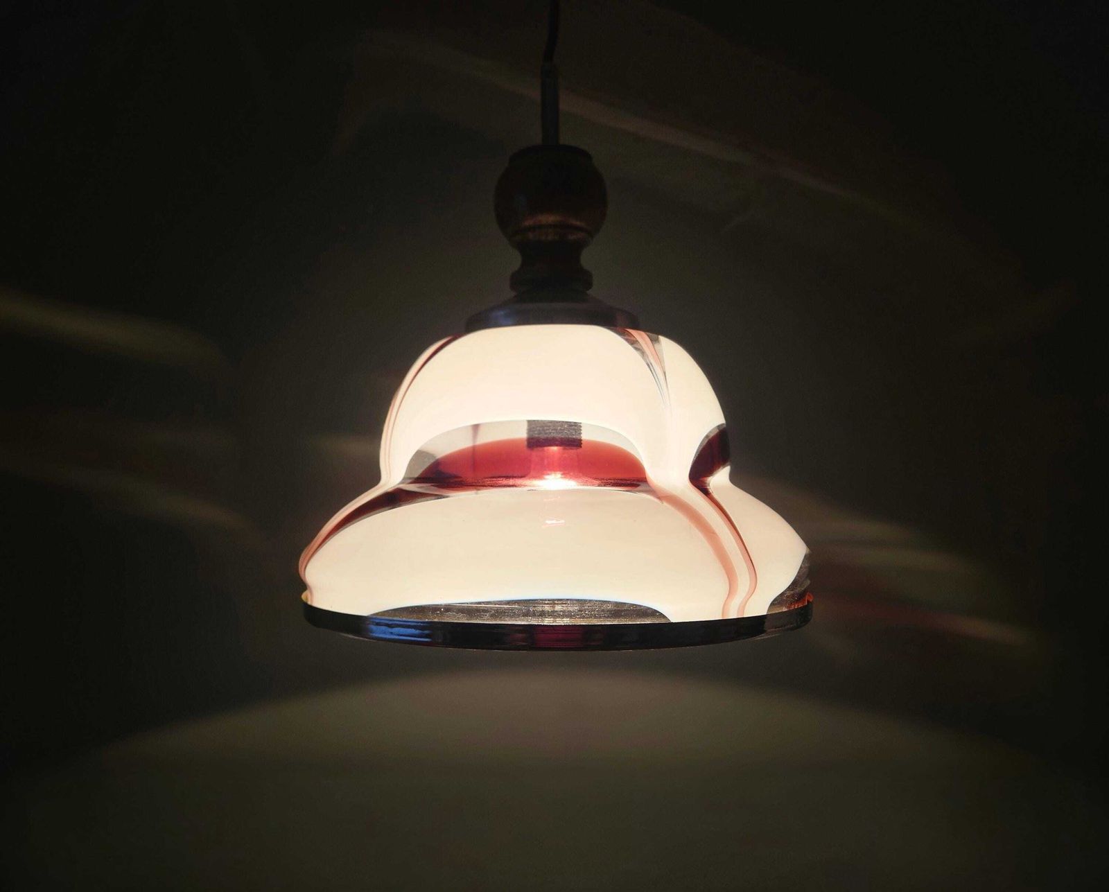 Vintage Pendant Light | White & Burgundy Glass Shade, Wood Detail photo 180.0