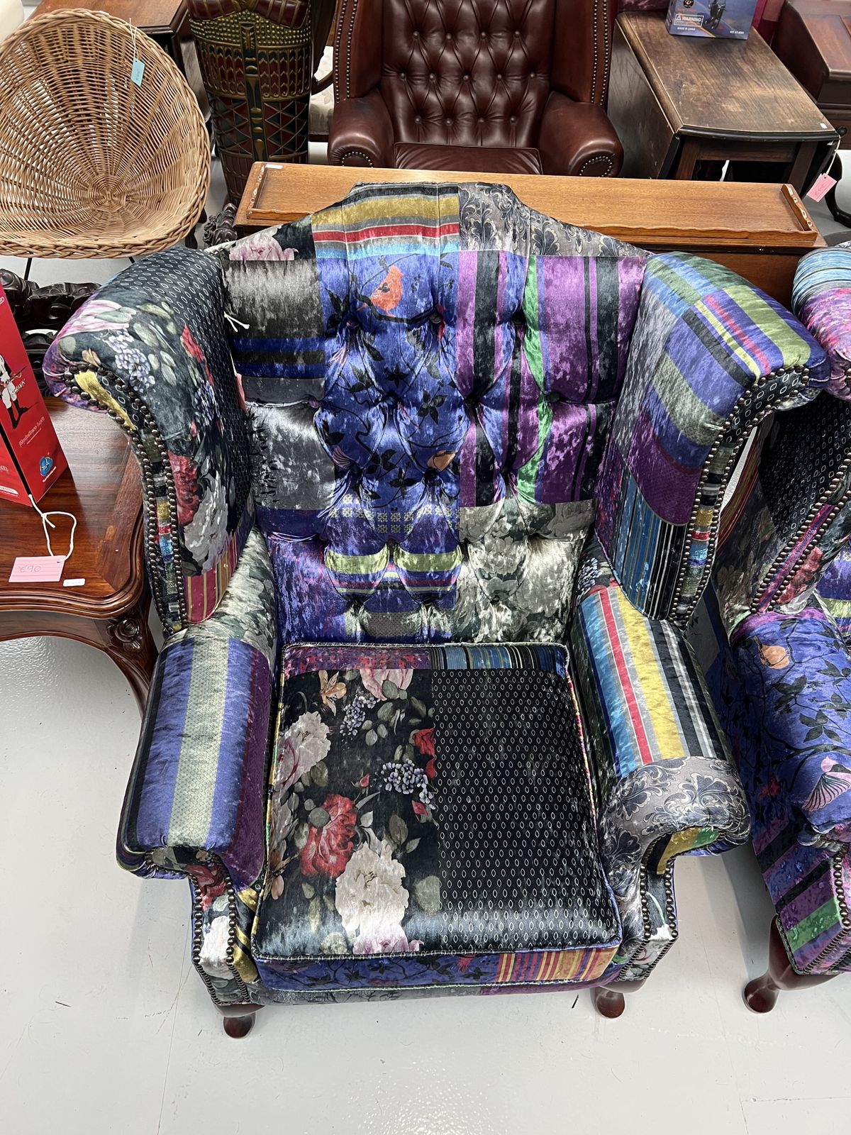 Pair Of Printed Fabric Wing Armchairs With Unusual Design photo Furniture