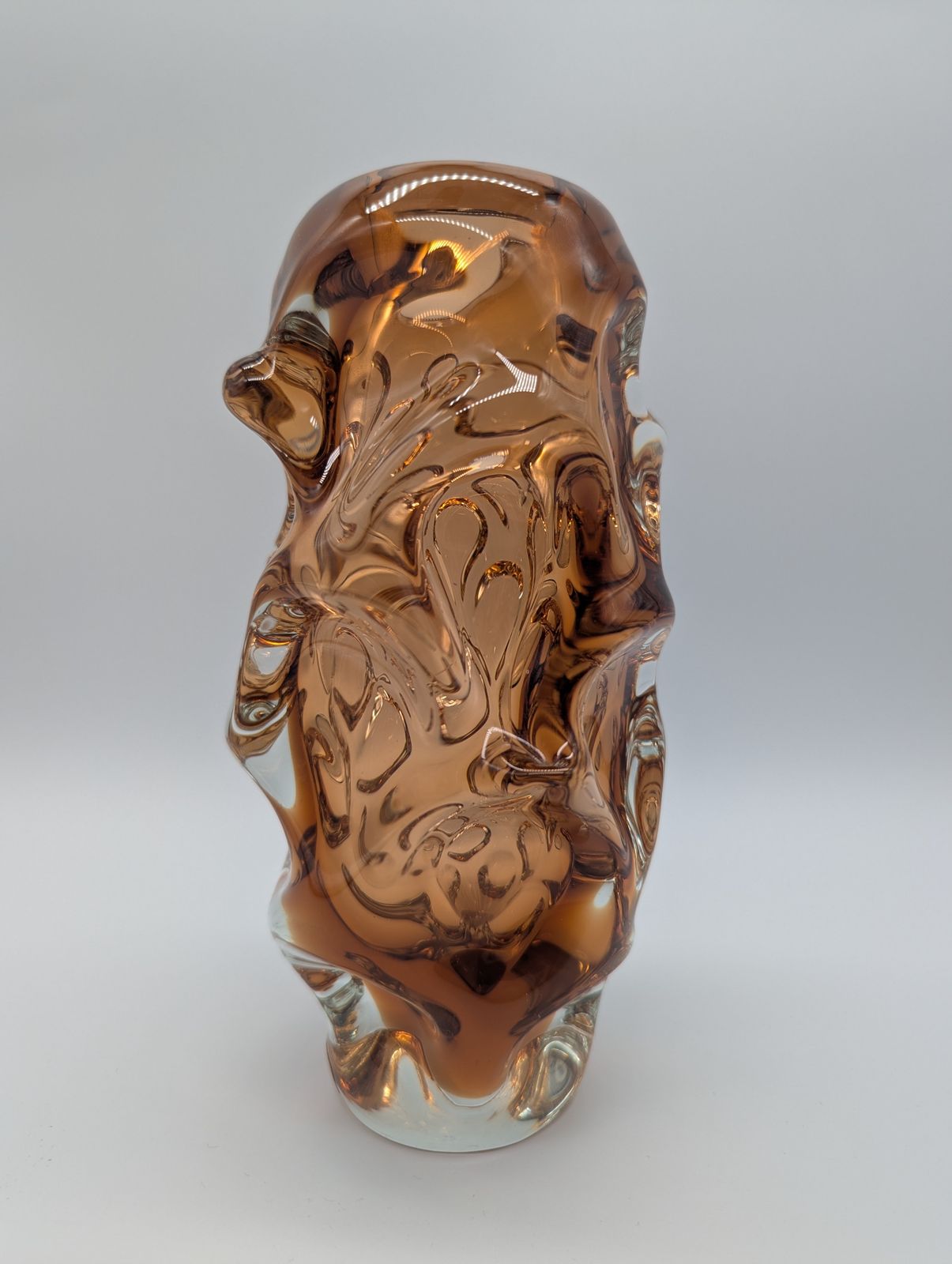 1960s Czech Amber & Green Sommerso “Brain” Vase — Attributed To Pavel Hlava For Borské Sklo — 26 Cm photo for sale