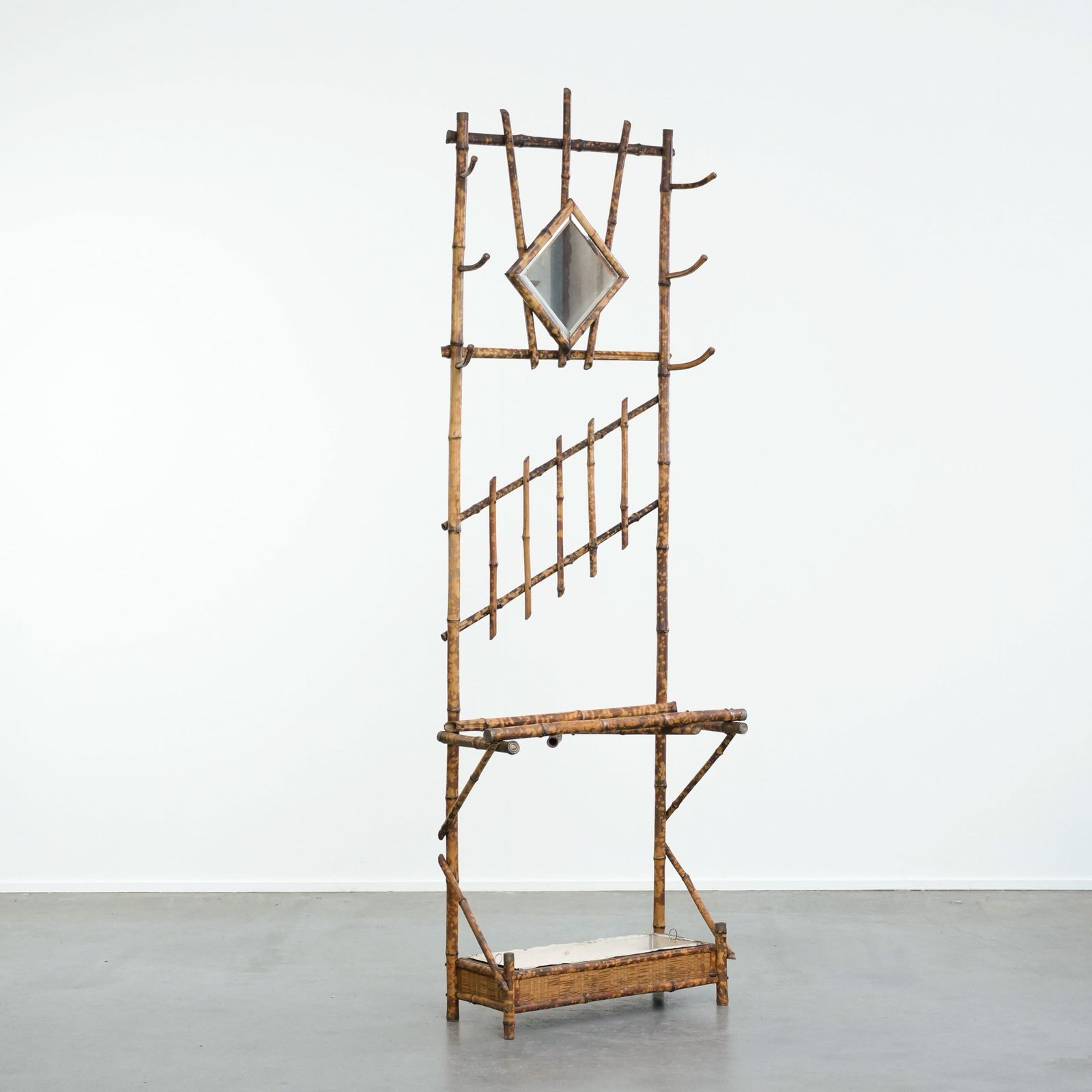 Charming Antique French Faux Bamboo Standing Coat Rack/Hallway Furniture With A Mirror And Umbrella Rack