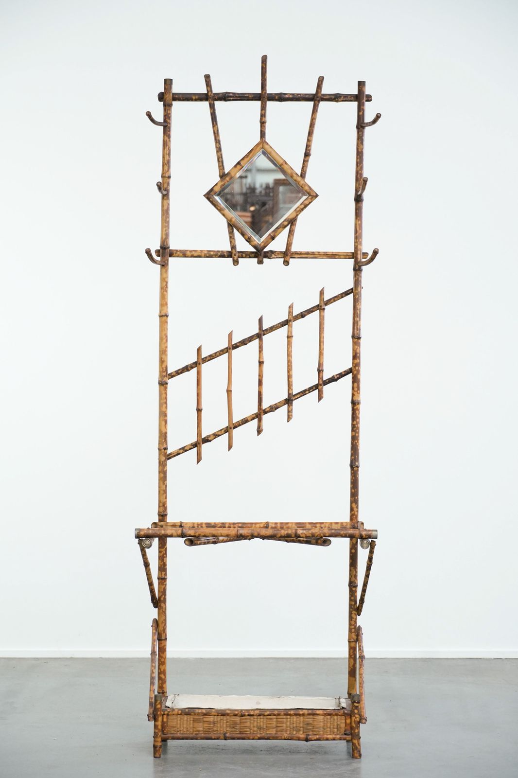 Charming Antique French Faux Bamboo Standing Coat Rack/Hallway Furniture With A Mirror And Umbrella Rack photo furniture