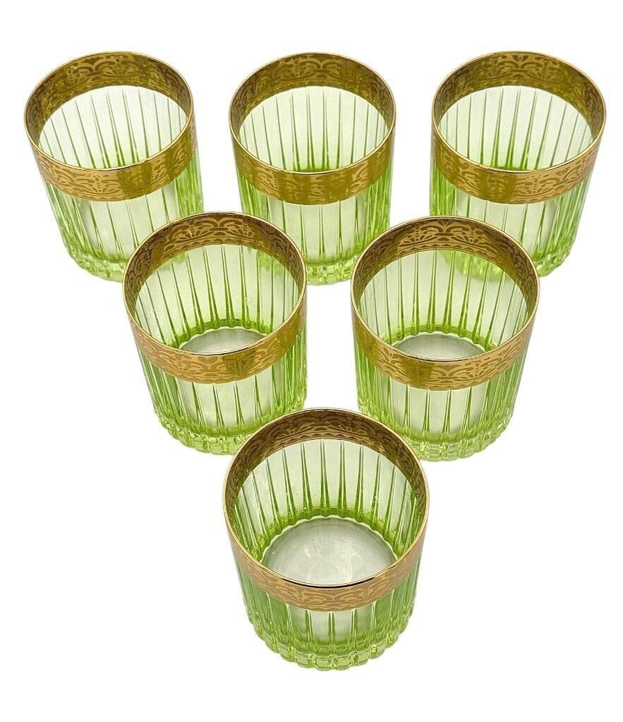 A Set Of Six Italian Artemisia Green Crystal Tumblers With 24 Ct Gold Decoration photo for sale