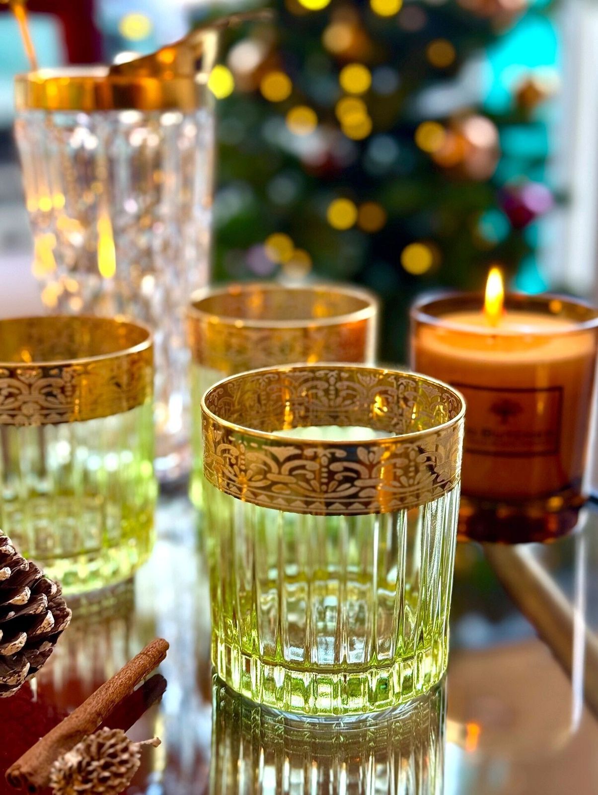 photo furniture A Set Of Six Italian Artemisia Green Crystal Tumblers With 24 Ct Gold Decoration