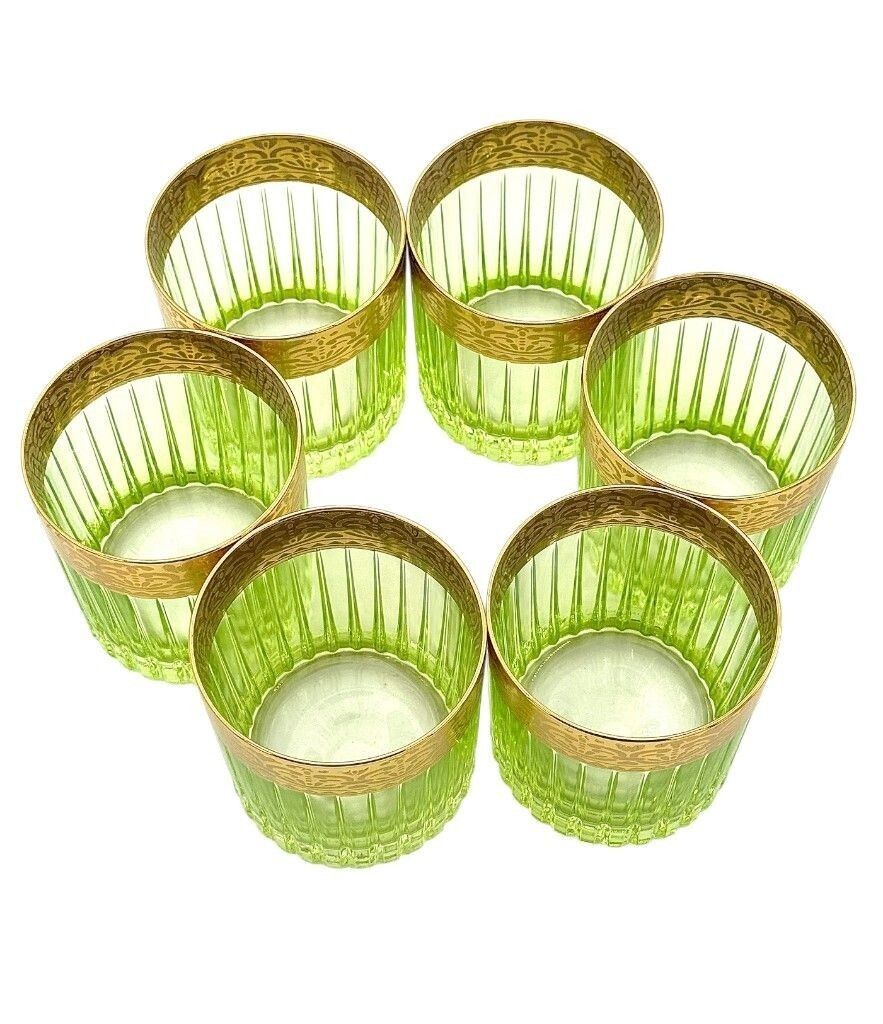 photo for sale A Set Of Six Italian Artemisia Green Crystal Tumblers With 24 Ct Gold Decoration