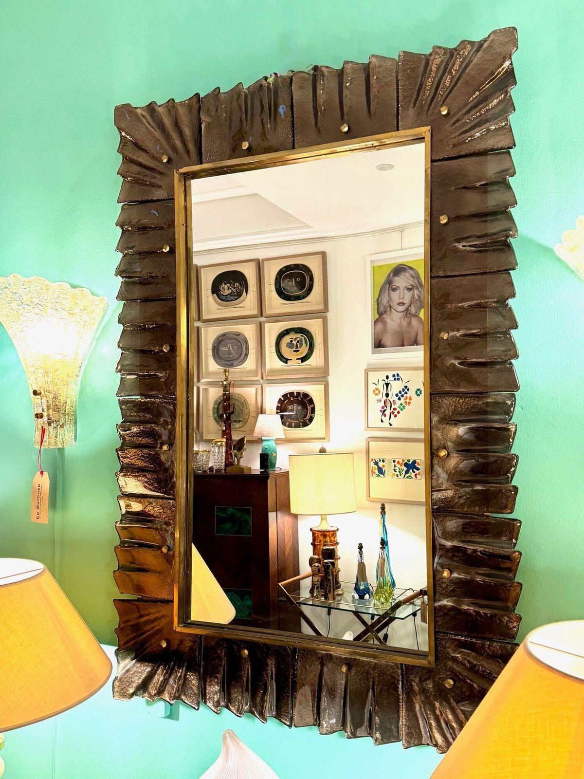 photo buy A Stunning Italian Bronze Murano Glass Frammed Mirror With Brass Inner Frame