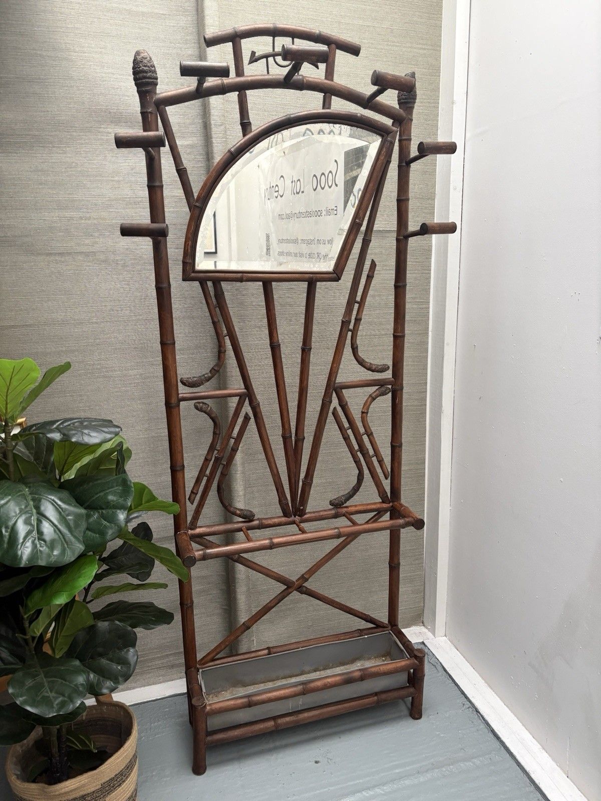 French Antique Bamboo Hat Coat Umbrella Stand Fan Shaped Beveled Mirror 1800s