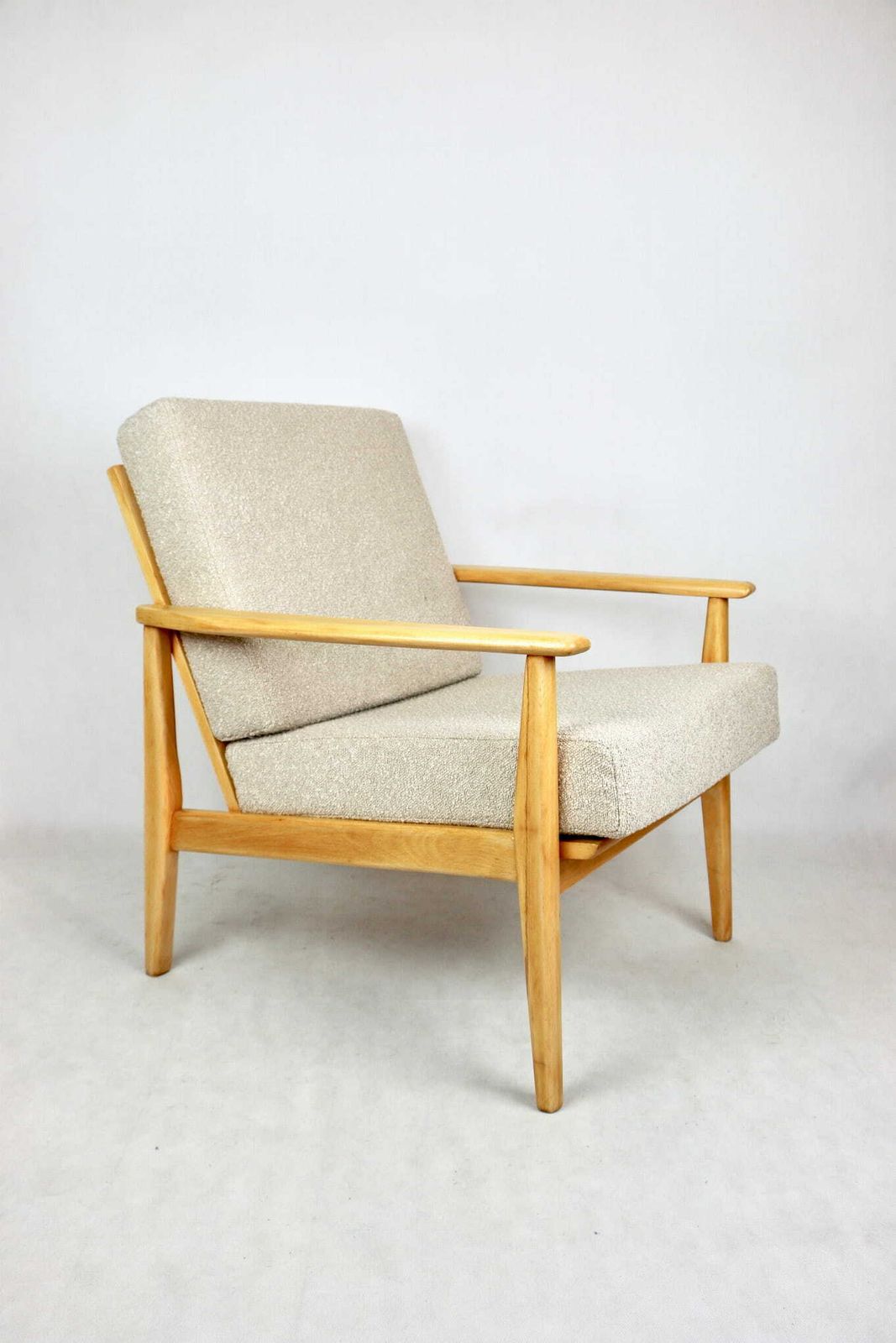 Vintage Danish Armchair, 1970s, Beige Boucle  Light Wood  2 Pieces Available