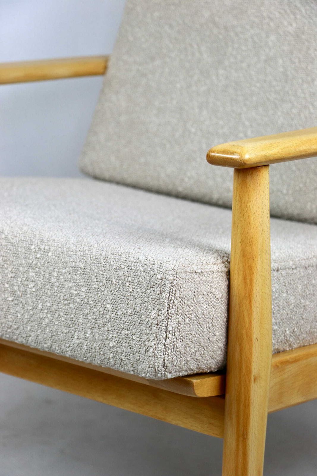 photo furniture Vintage Danish Armchair, 1970s, Beige Boucle  Light Wood  2 Pieces Available