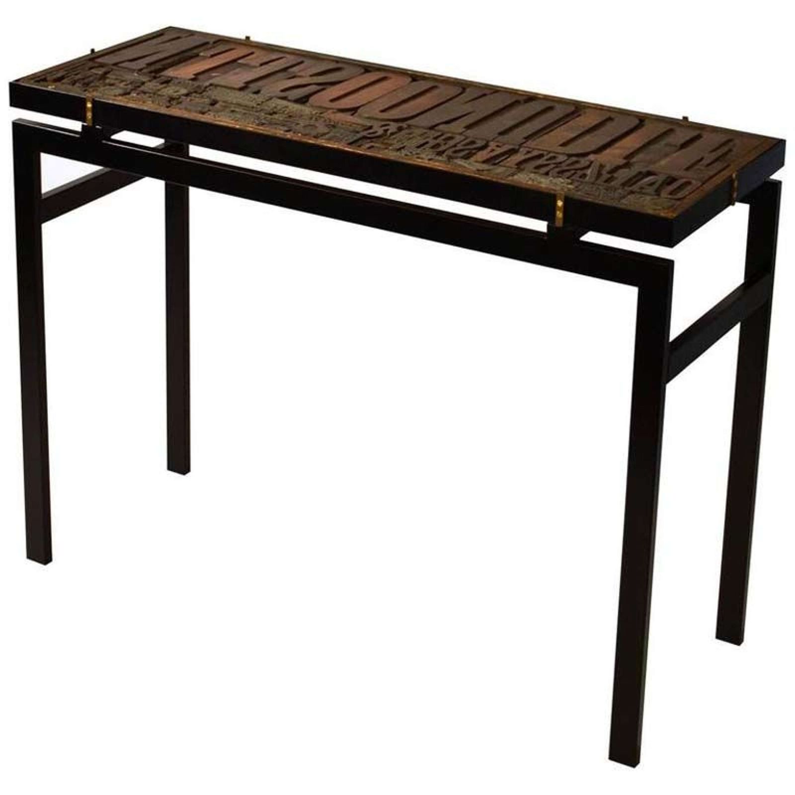 Console With Wood Relief Top And Glass On Black Metal Frame