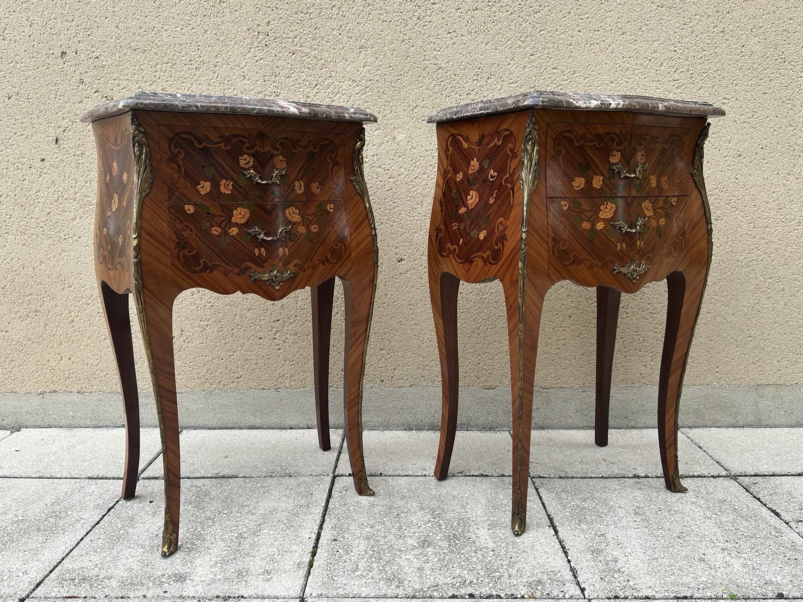 Pair Of French Antique Marquetry Bedside Tables Cabinets photo for sale