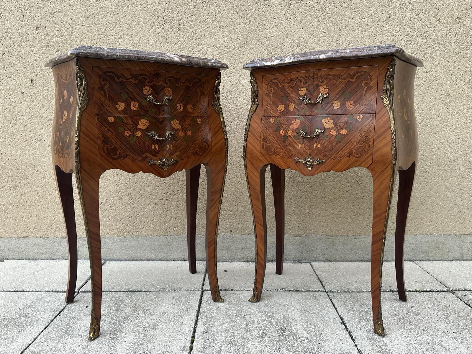 Pair Of French Antique Marquetry Bedside Tables Cabinets photo vintage
