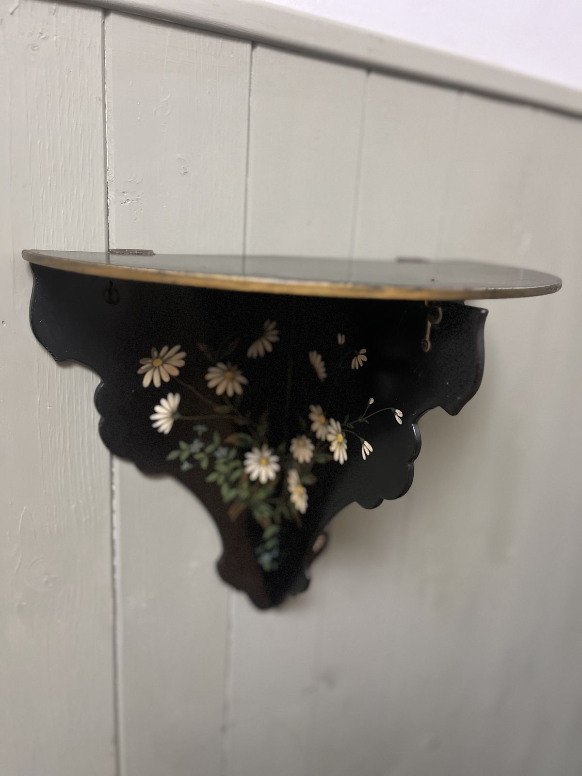 Victorian Papier Mâché Black Lacquer Folding Wall Shelf With Hand Painted Floral And Bird Decoration photo Home Decor