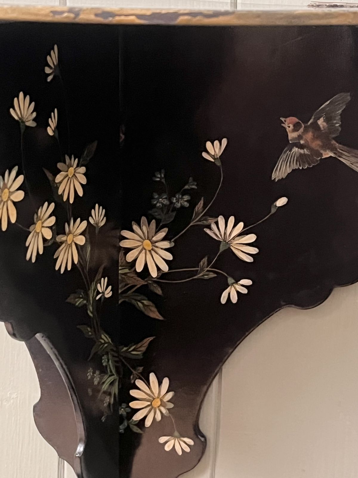 Victorian Papier Mâché Black Lacquer Folding Wall Shelf With Hand Painted Floral And Bird Decoration photo 190.0