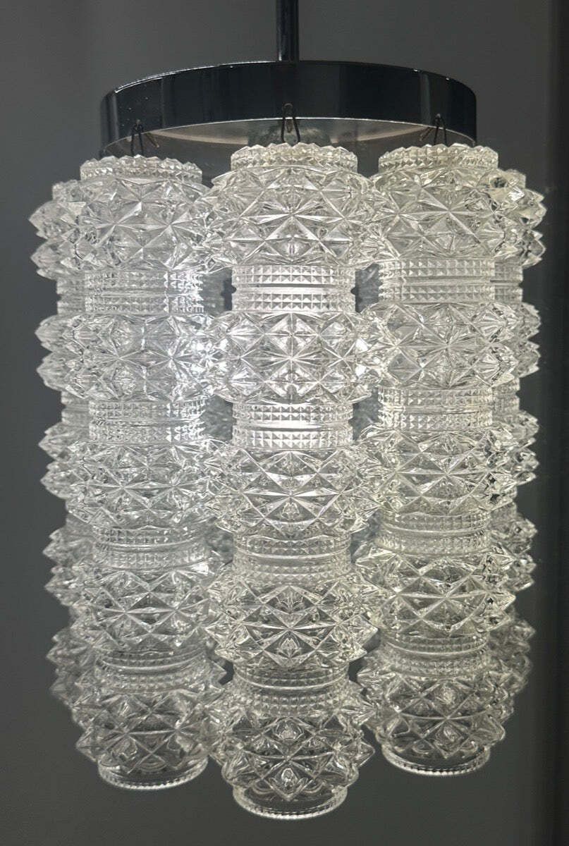 1960s Austrian Kalmar Lighting Crystal Faceted Tubular Glass & Polished Chrome Chandelier photo furniture