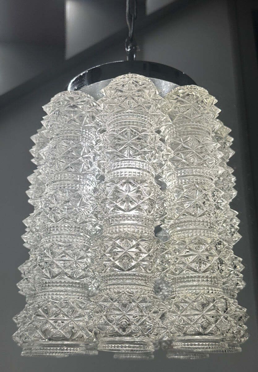 1960s Austrian Kalmar Lighting Crystal Faceted Tubular Glass & Polished Chrome Chandelier photo for sale