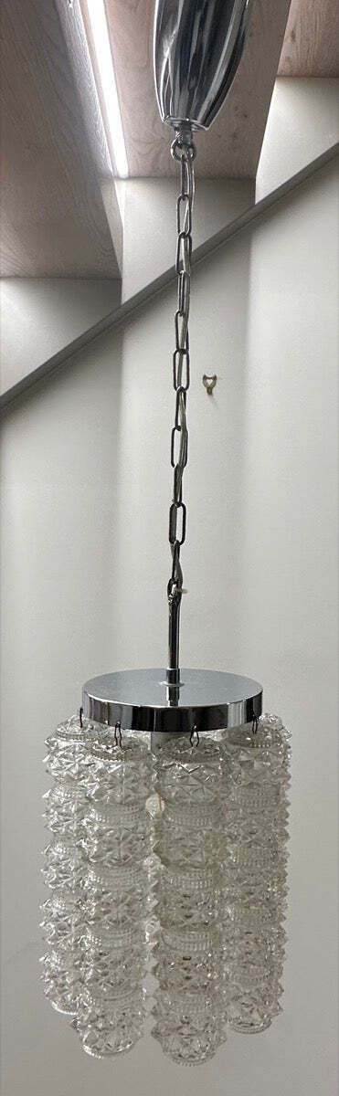 photo vinterior 1960s Austrian Kalmar Lighting Crystal Faceted Tubular Glass & Polished Chrome Chandelier