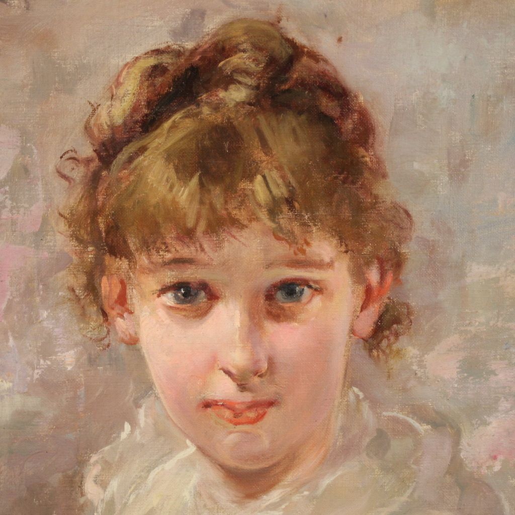 Signed Italian Painting Portrait Of A Young Girl From The 20th Century photo vintage