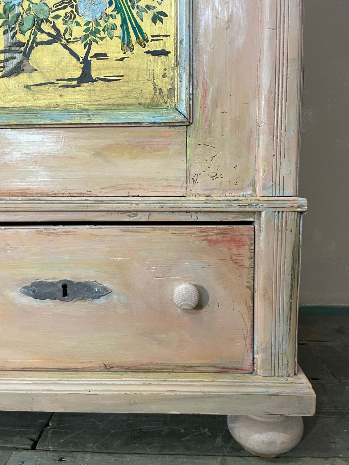 photo for sale Vintage/ Antique Painted Pine Wardrobe With Inlaid Chinoiserie Panels