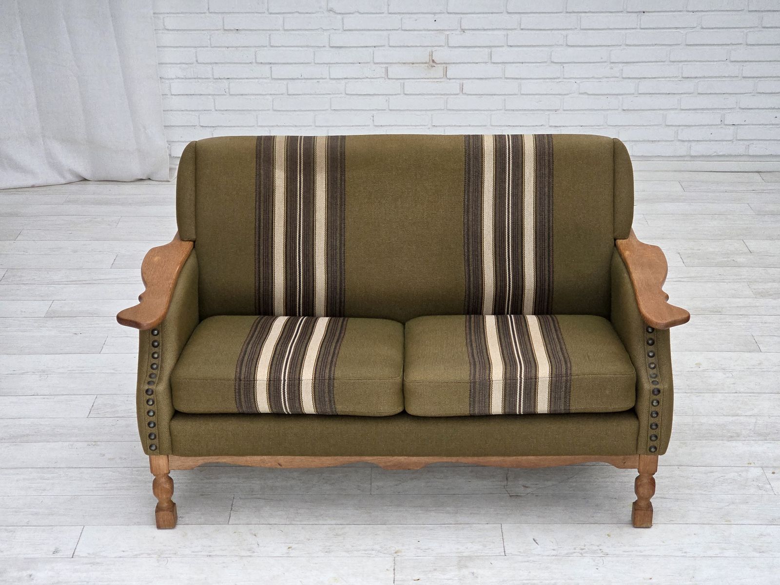 1970s, Danish 2 Seater Sofa, Green Furniture Wool, Oak Wood. photo furniture