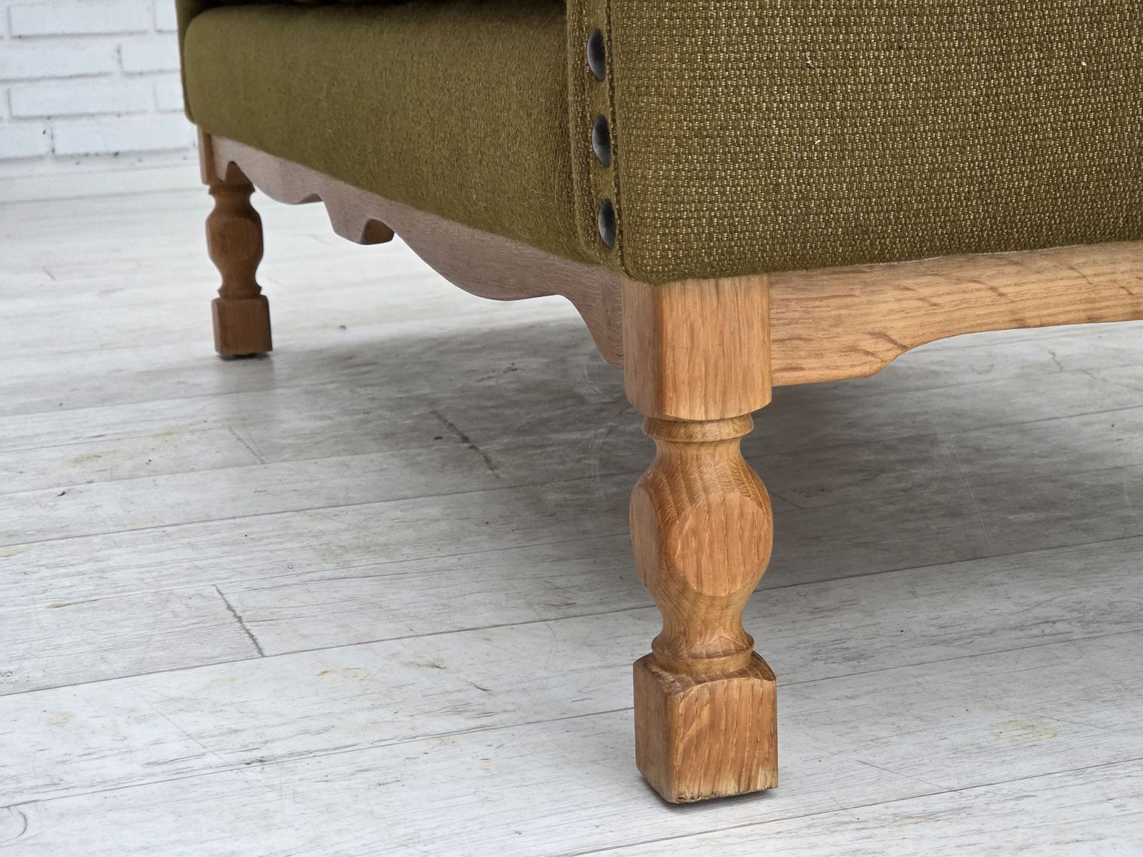 1970s, Danish 2 Seater Sofa, Green Furniture Wool, Oak Wood. photo vintage