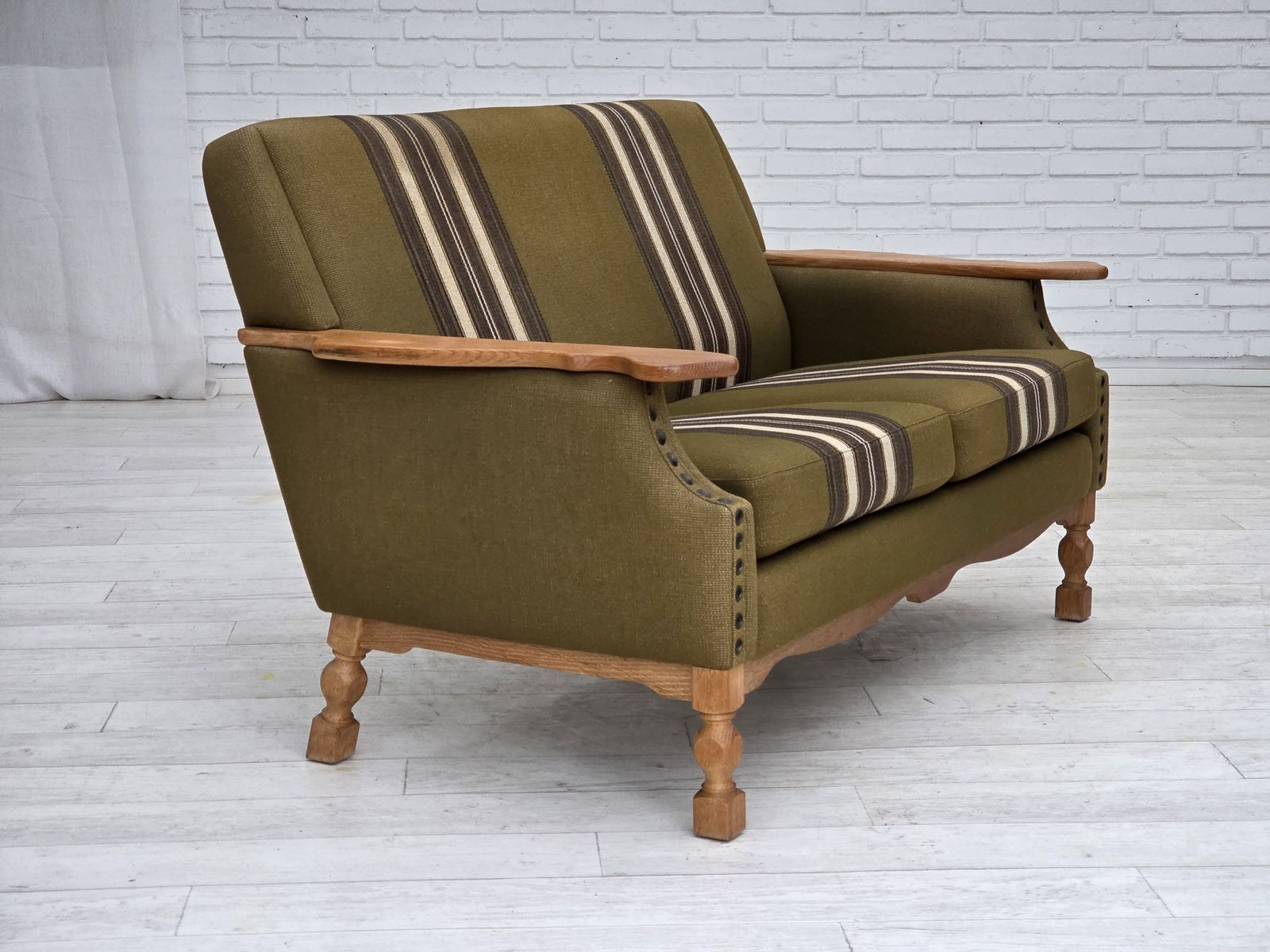 photo for sale 1970s, Danish 2 Seater Sofa, Green Furniture Wool, Oak Wood.