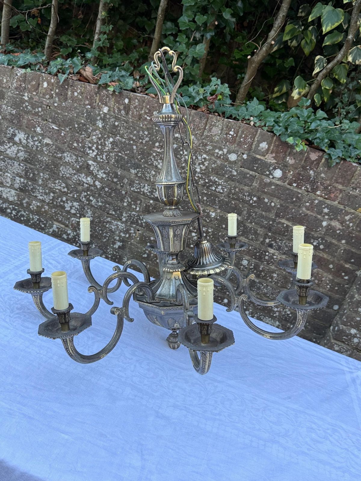 Vintage 1950s French Rococo Revival Brass & Bronze Eight Arm Chandelier – Ornate Antique Lighting photo furniture