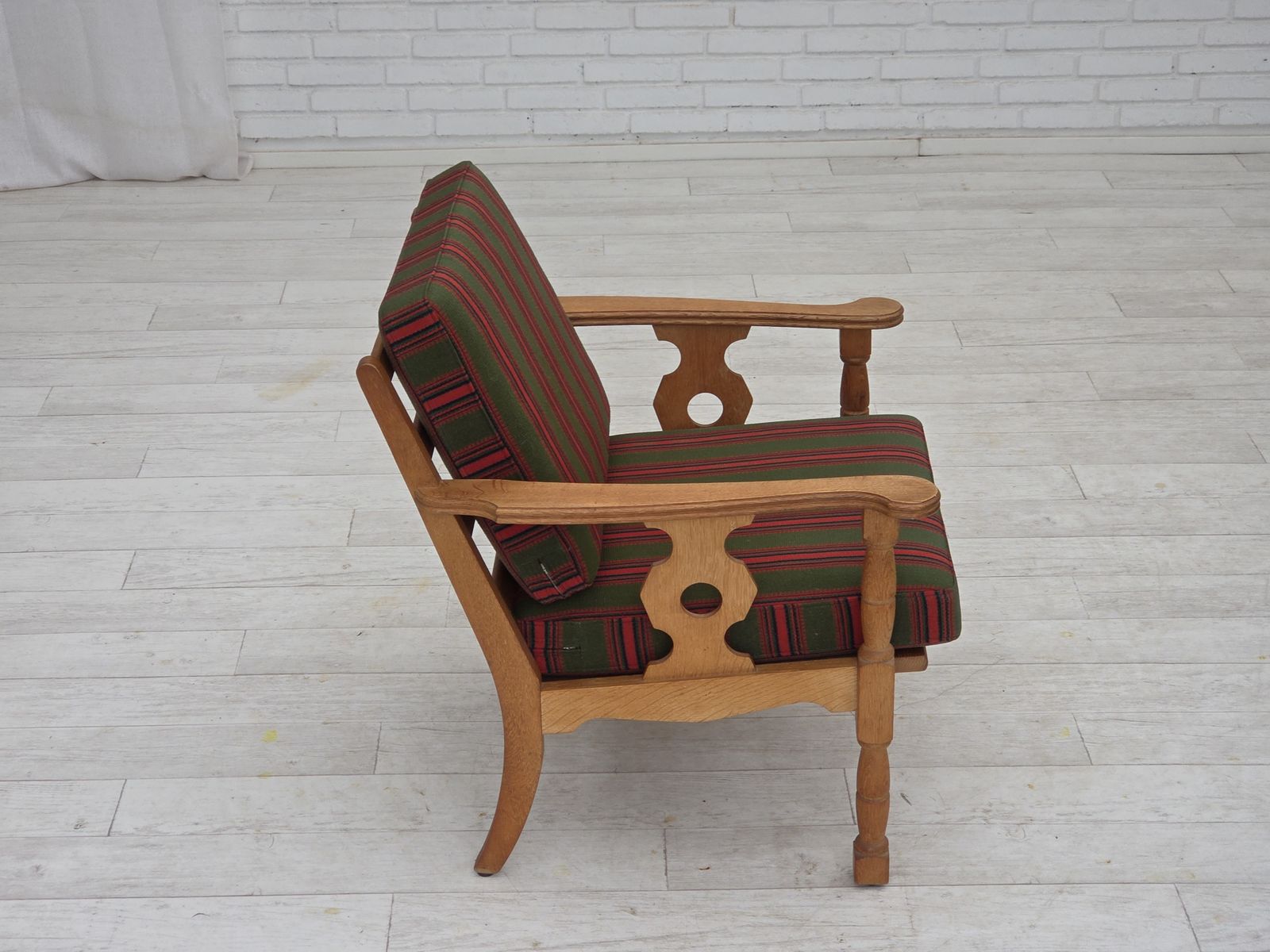 1970s, Danish Armchair, Green Furniture Wool, Solid Oak Wood. photo buy