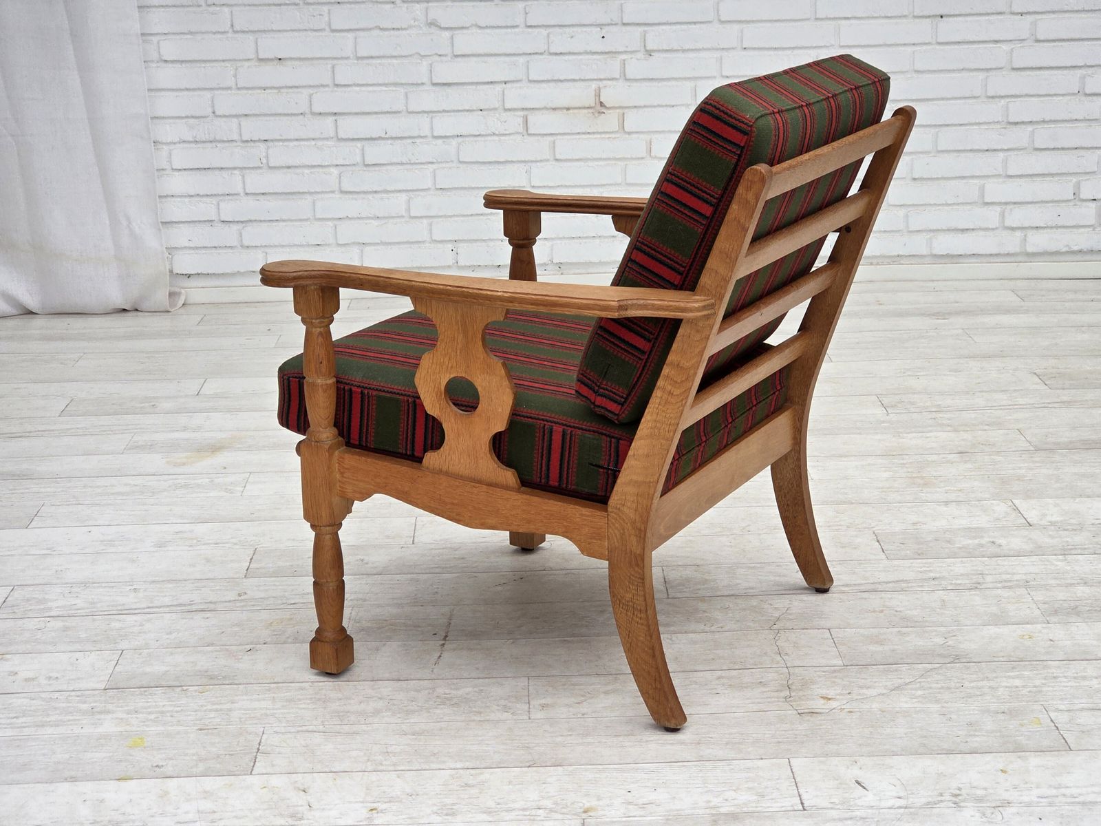 photo furniture 1970s, Danish Armchair, Green Furniture Wool, Solid Oak Wood.