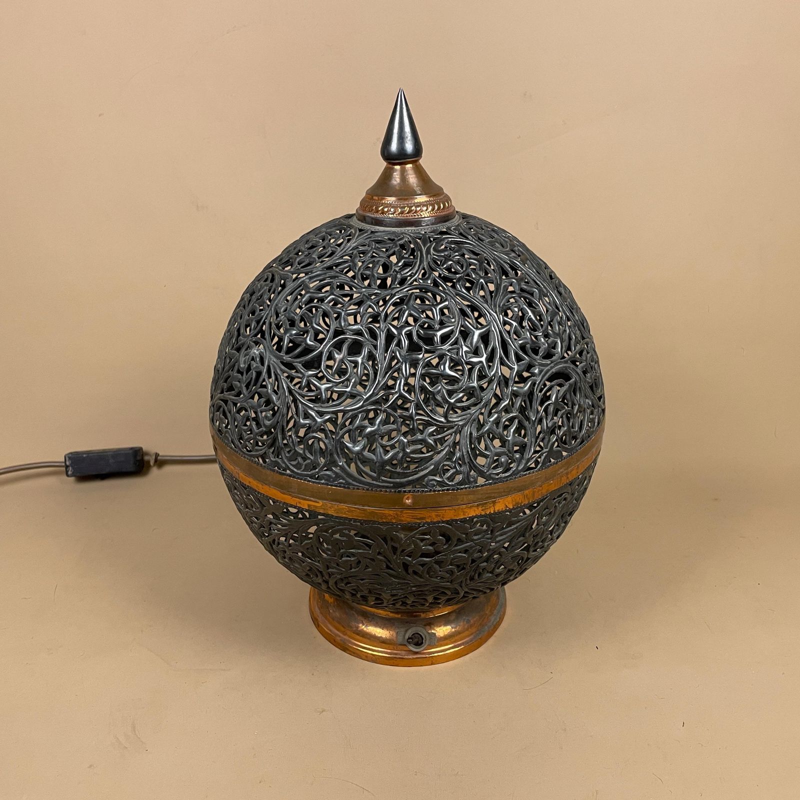 photo furniture Antique Moroccan Copper Metal Lamp Light Bedside Side Table Desk Ornate Detail Vintage Handmade Patterned Ball Round Lantern Marrakech