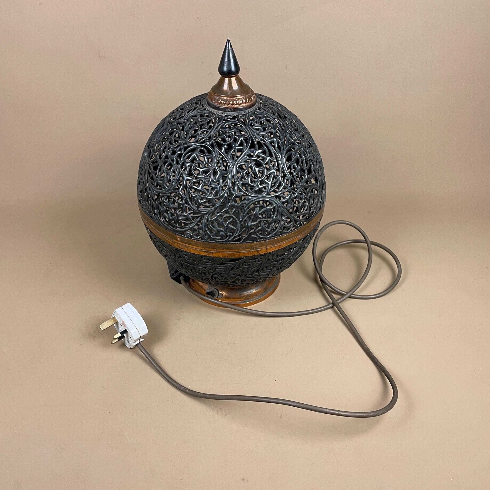 photo buy Antique Moroccan Copper Metal Lamp Light Bedside Side Table Desk Ornate Detail Vintage Handmade Patterned Ball Round Lantern Marrakech